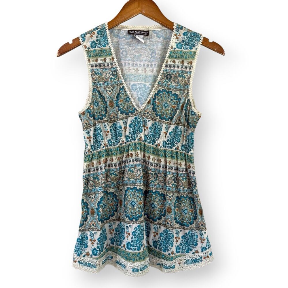 Self Esteem Vintage Y2K Fairycore Babydoll Top Blue Geometric Paisley V-Neck XL